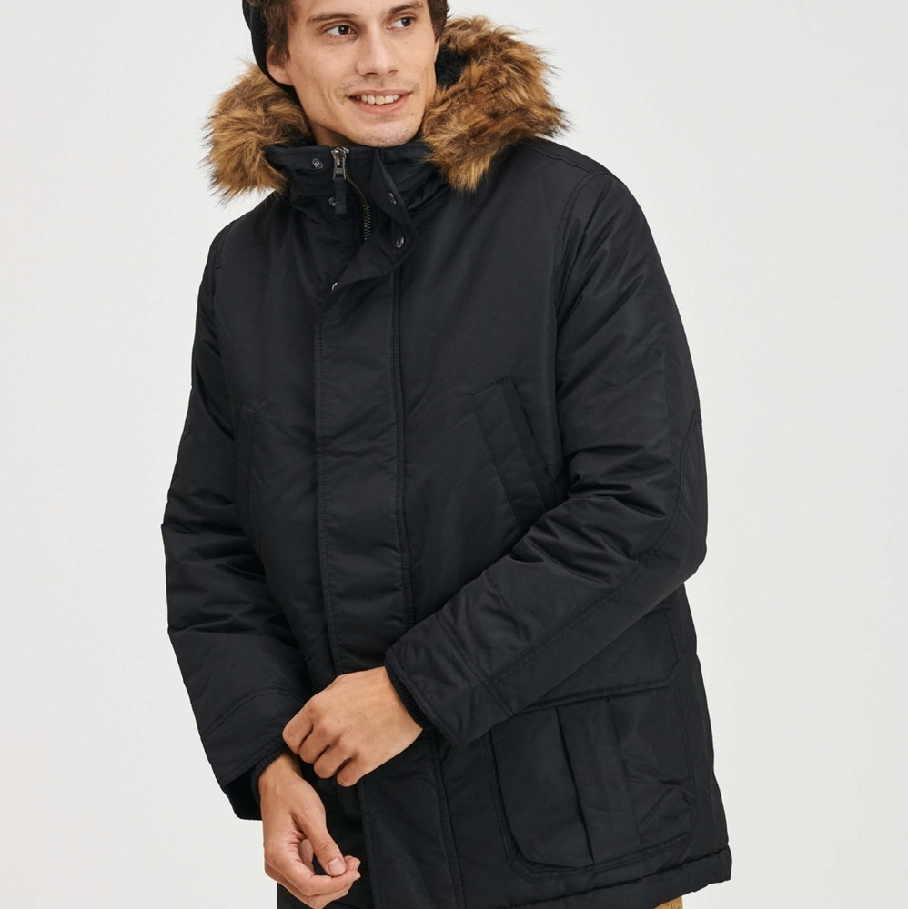 GAP black winter coat parka faux fur trim hood zip front medium